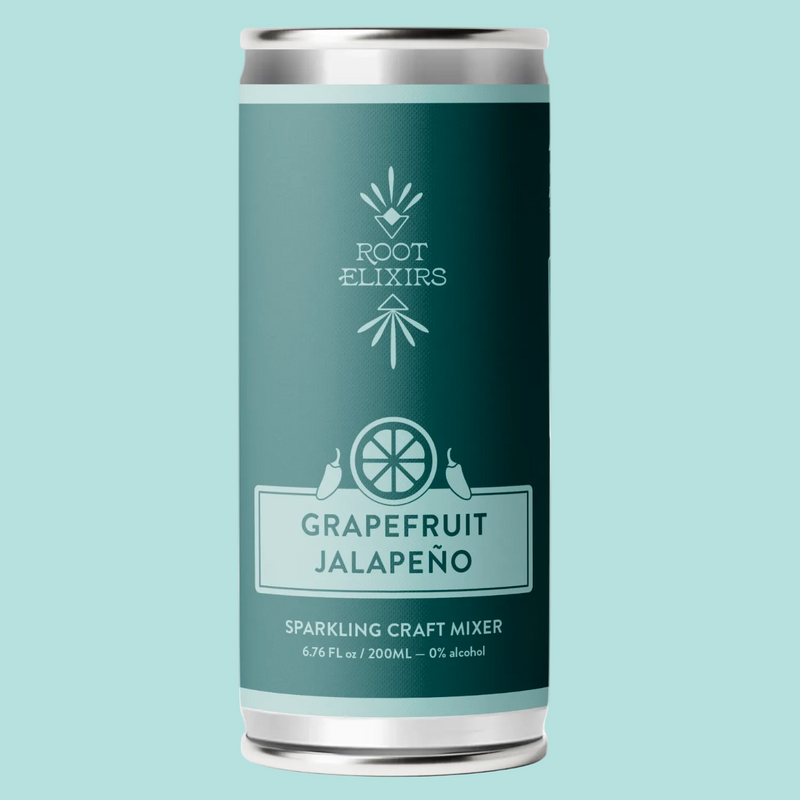 Grapefruit Jalapeño sparkling craft mixer can with 'Root Elixirs' branding on a white background