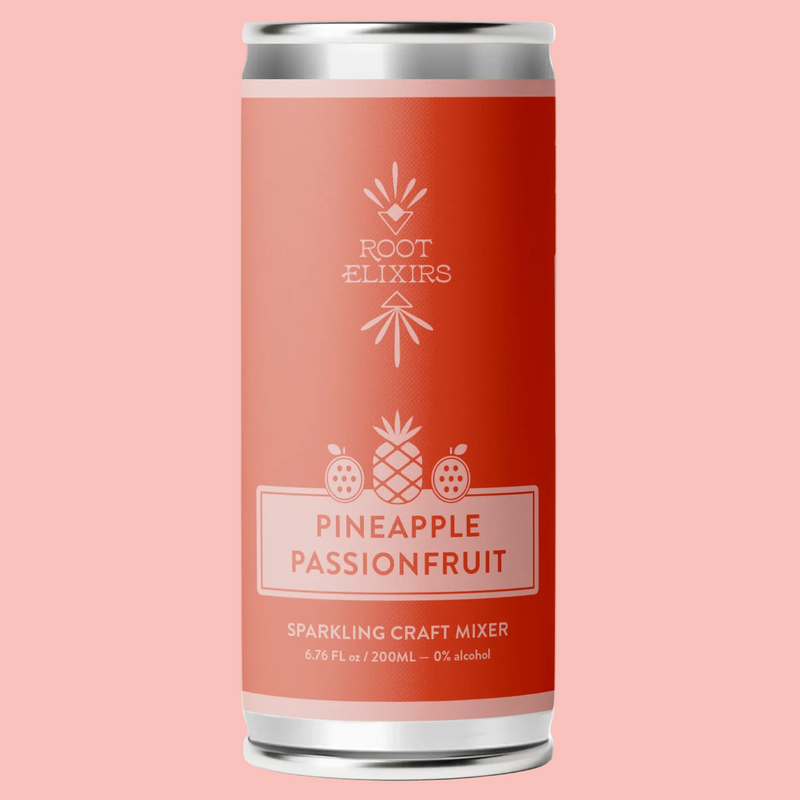 Red can of Root Elixirs Pineapple Passionfruit sparkling craft mixer on a white background