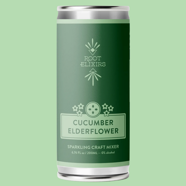 Green can with 'Root Elixirs' branding and text on a white background