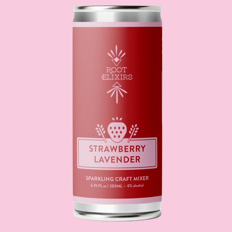 Red can of Strawberry Lavender sparkling craft mixer with 'Root Elixirs' branding on a white background.