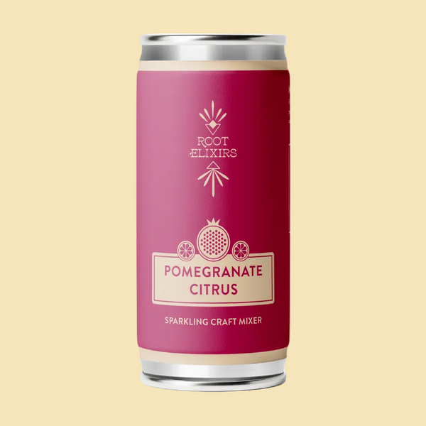 Pink can with 'Root Elixirs' branding on a white background