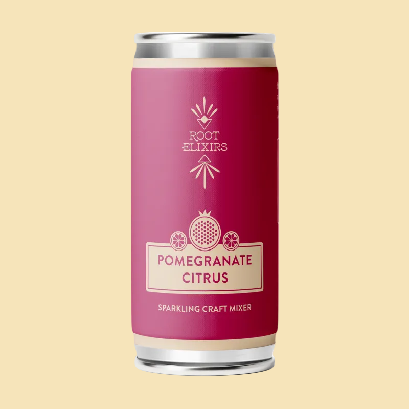 Pink can with 'Root Elixirs' branding on a white background