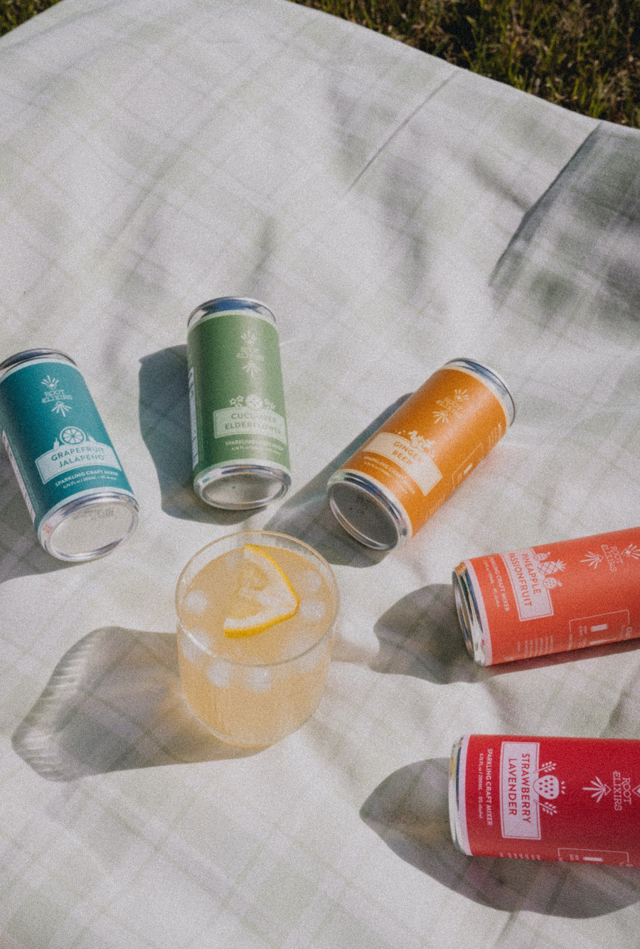 Root Elixirs cans and cocktail on a picnic blanket